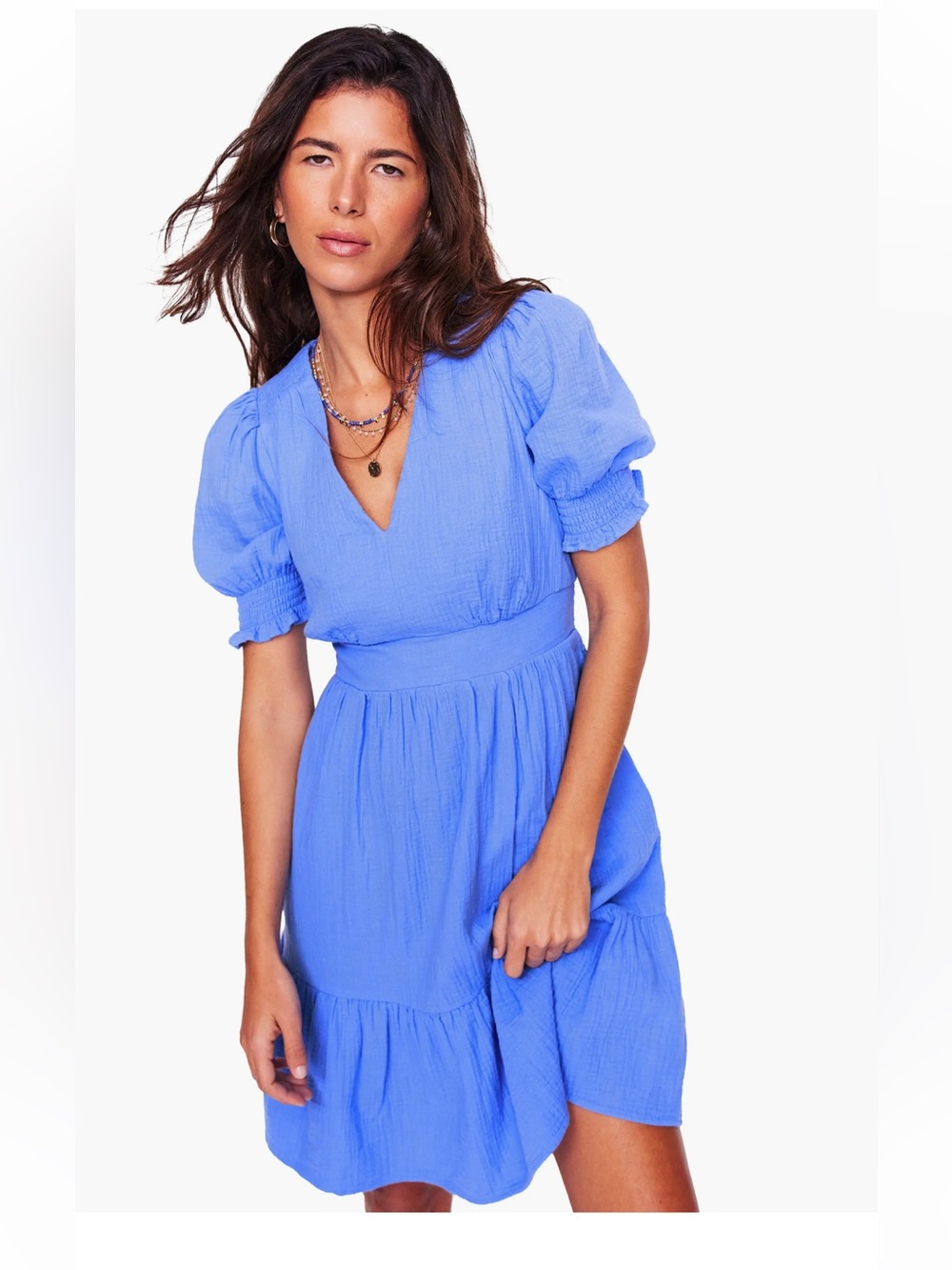 💙 Boden Anna Double Cloth Short Dress Size 0 Puff Sleeve Blue Tiered Skirt